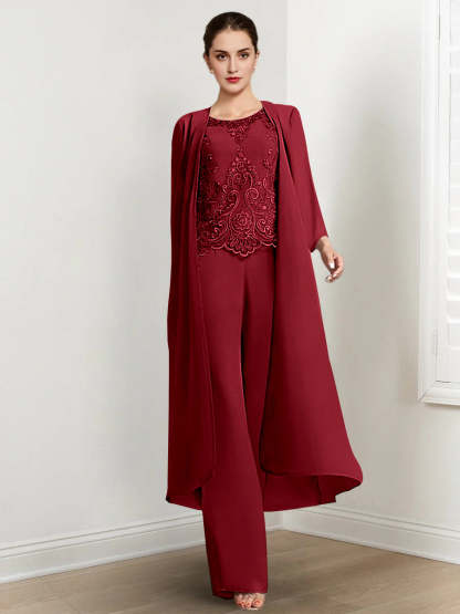 Floor-Length Round Neck Chiffon Pantsuits For The Mother Of The Bride With Jacket And Applique-BMbridal