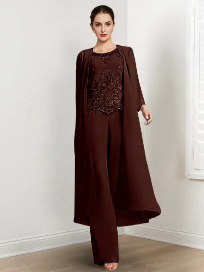 Floor-Length Round Neck Chiffon Pantsuits For The Mother Of The Bride With Jacket And Applique-BMbridal