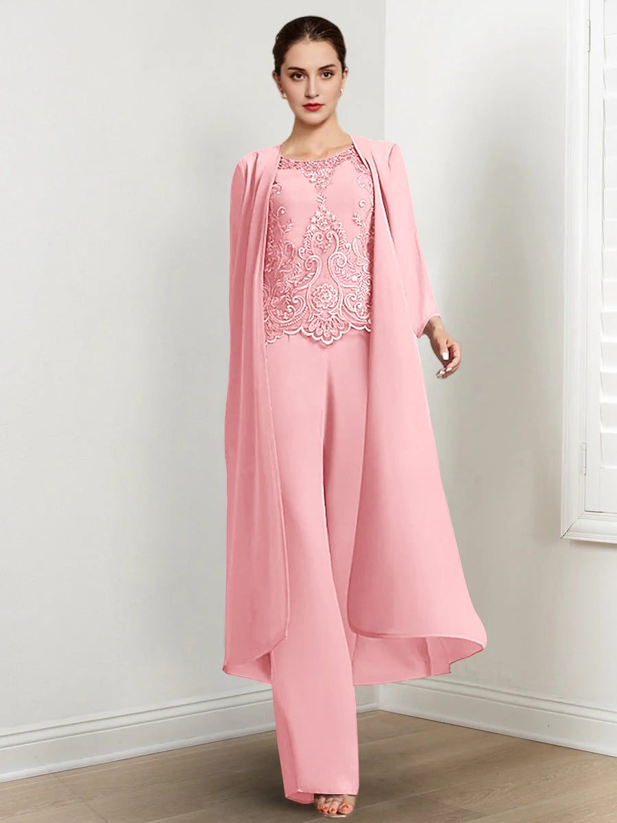 Floor-Length Round Neck Chiffon Pantsuits For The Mother Of The Bride With Jacket And Applique-BMbridal