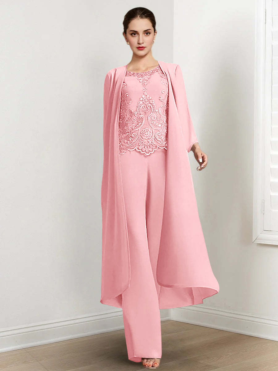 Floor-Length Round Neck Chiffon Pantsuits For The Mother Of The Bride With Jacket And Applique-BMbridal