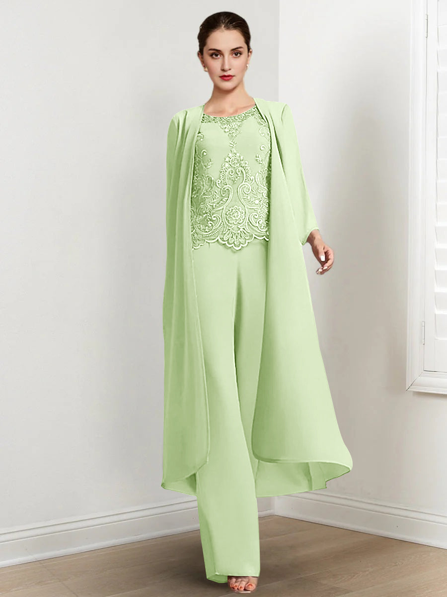 Floor-Length Round Neck Chiffon Pantsuits For The Mother Of The Bride With Jacket And Applique-BMbridal