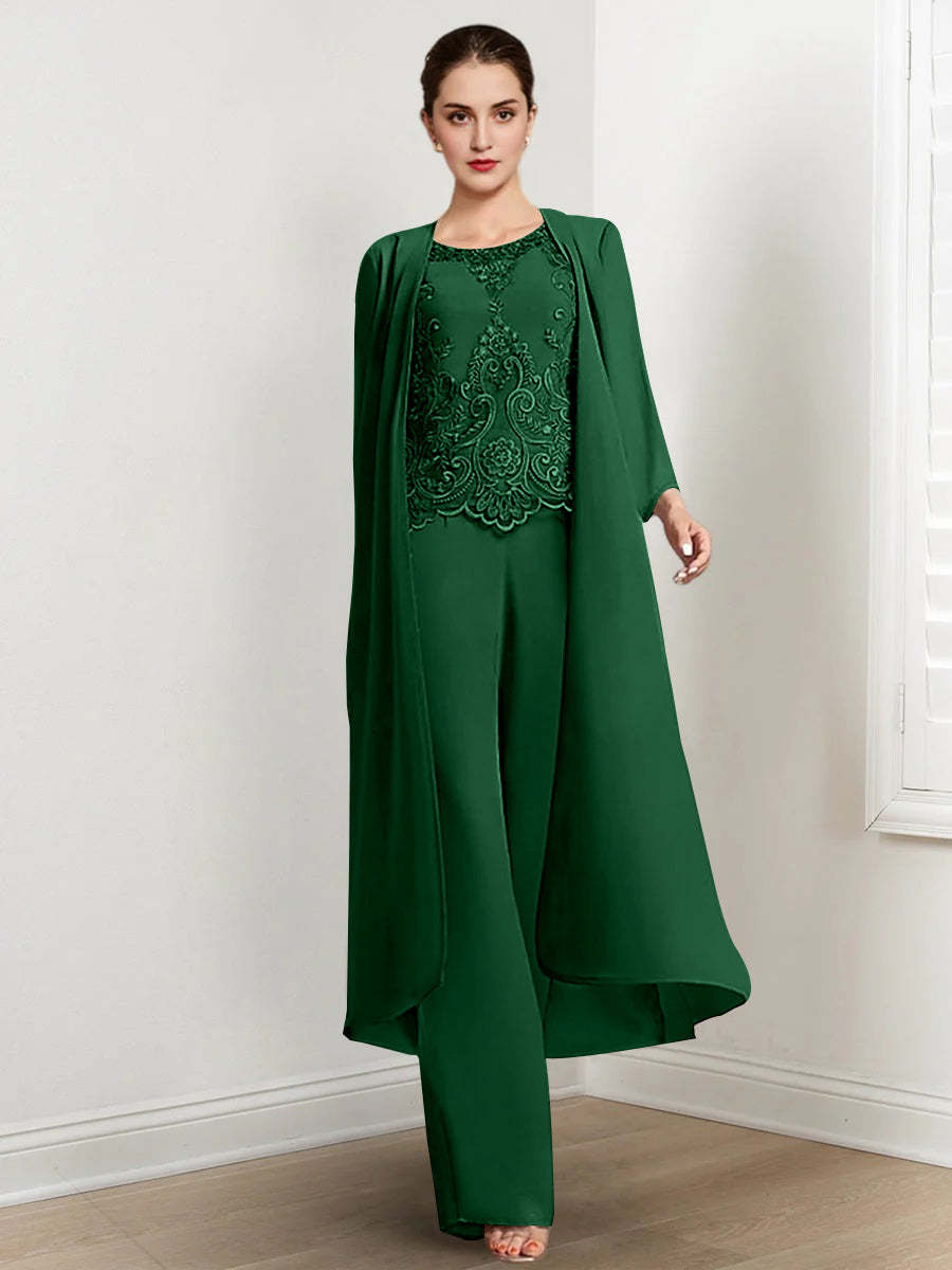 Floor-Length Round Neck Chiffon Pantsuits For The Mother Of The Bride With Jacket And Applique-BMbridal