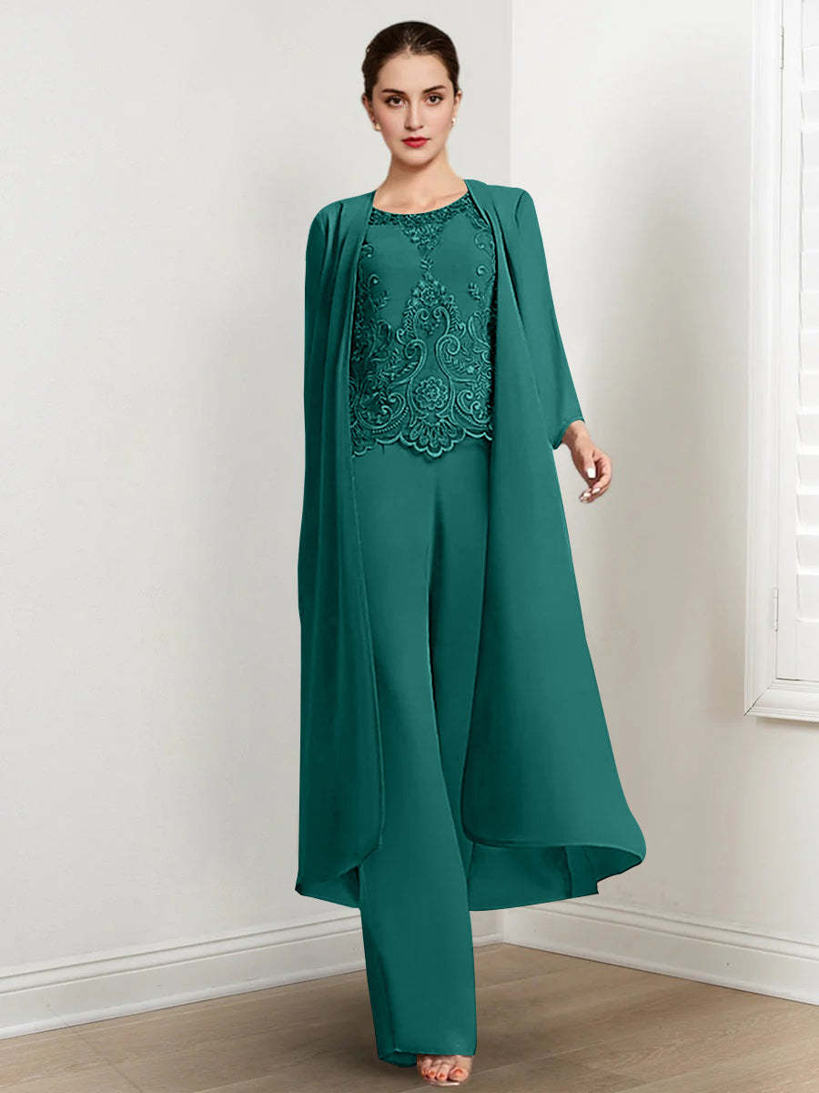 Floor-Length Round Neck Chiffon Pantsuits For The Mother Of The Bride With Jacket And Applique-BMbridal