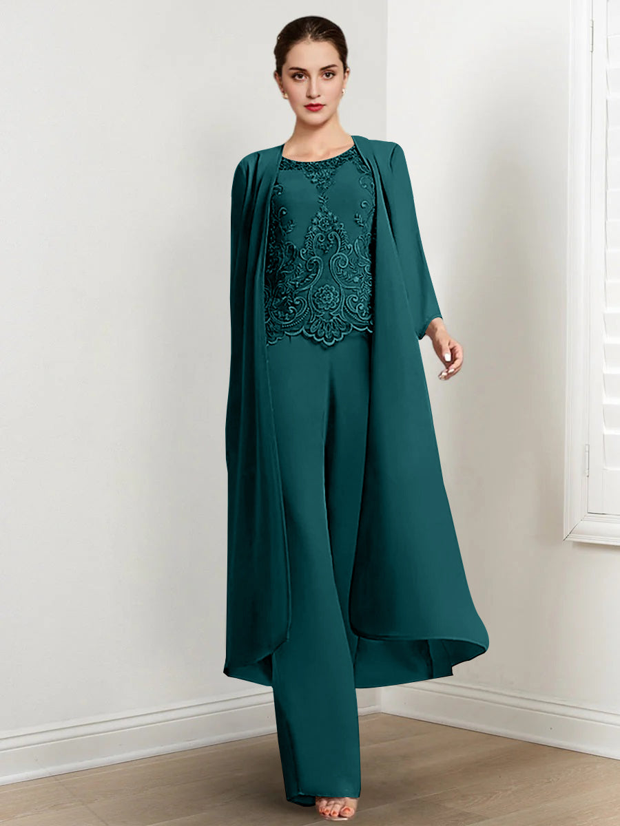 Floor-Length Round Neck Chiffon Pantsuits For The Mother Of The Bride With Jacket And Applique-BMbridal