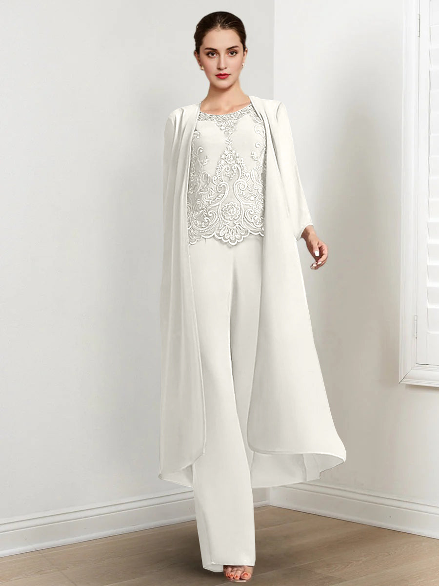 Floor-Length Round Neck Chiffon Pantsuits For The Mother Of The Bride With Jacket And Applique-BMbridal