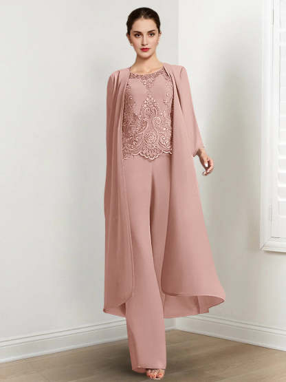 Floor-Length Round Neck Chiffon Pantsuits For The Mother Of The Bride With Jacket And Applique-BMbridal