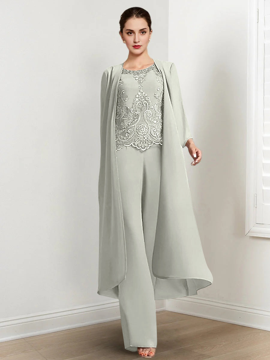 Floor-Length Round Neck Chiffon Pantsuits For The Mother Of The Bride With Jacket And Applique-BMbridal