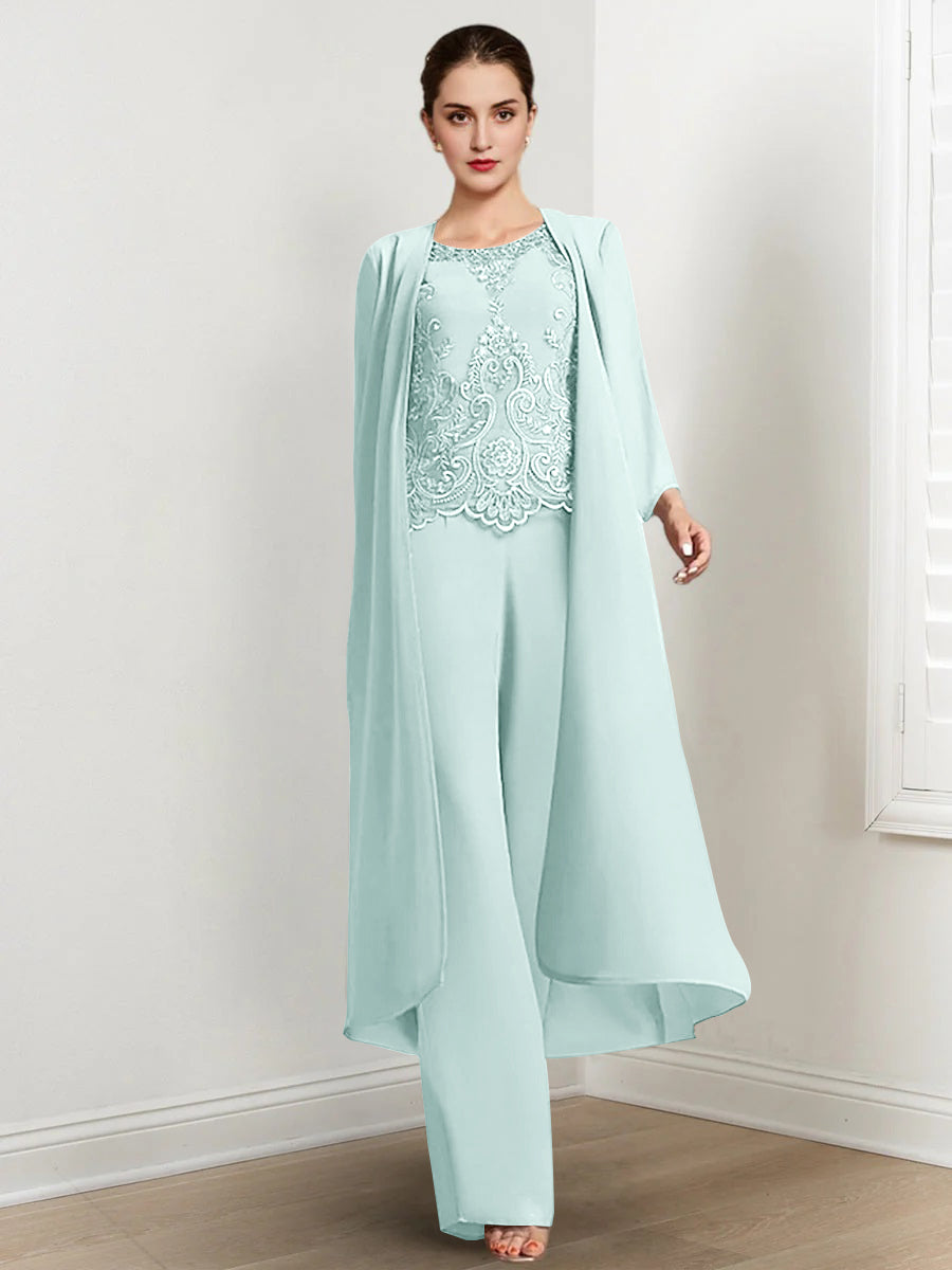 Floor-Length Round Neck Chiffon Pantsuits For The Mother Of The Bride With Jacket And Applique-BMbridal