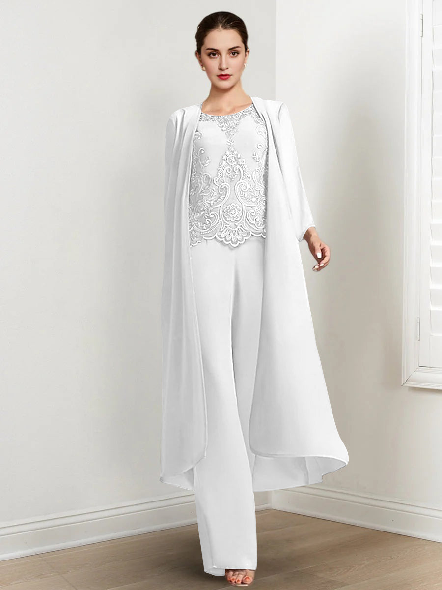 Floor-Length Round Neck Chiffon Pantsuits For The Mother Of The Bride With Jacket And Applique-BMbridal