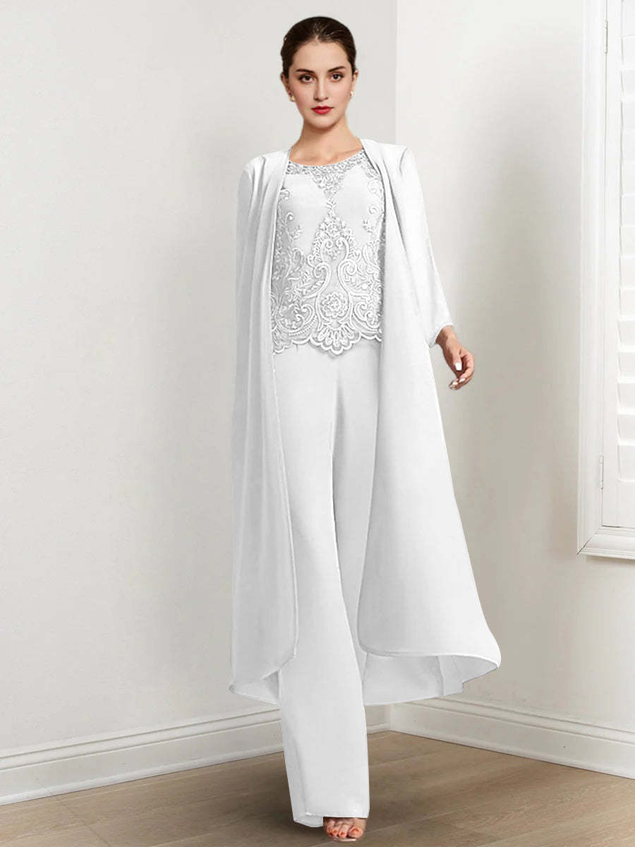 Floor-Length Round Neck Chiffon Pantsuits For The Mother Of The Bride With Jacket And Applique-BMbridal
