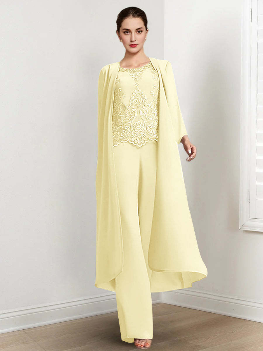 Floor-Length Round Neck Chiffon Pantsuits For The Mother Of The Bride With Jacket And Applique-BMbridal