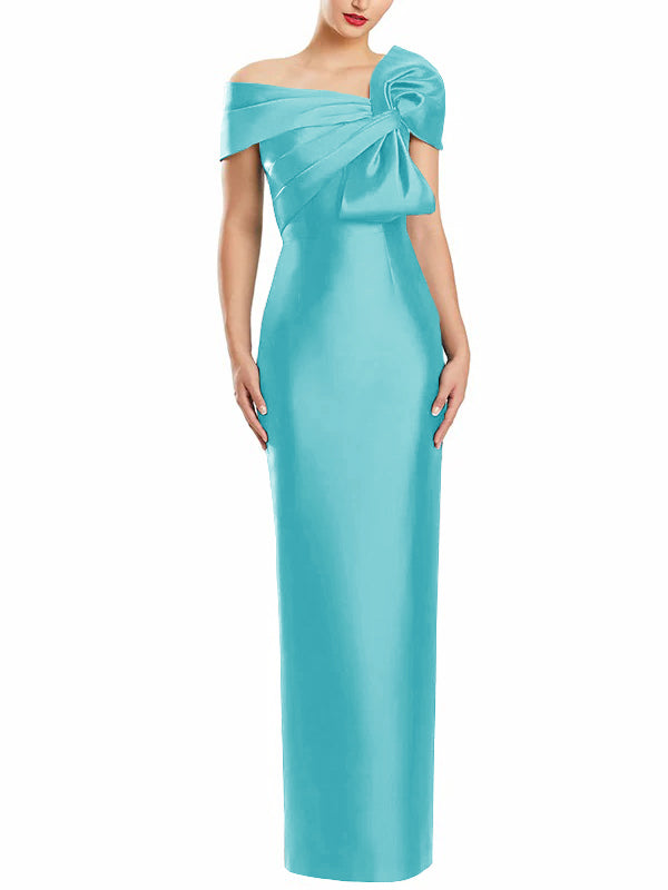 One-Shoulder Floor-Length Mother of the Bride Gown with Bow in Sheath/Column Style-BMbridal