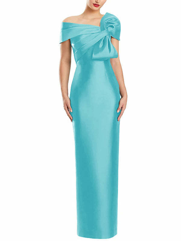 One-Shoulder Floor-Length Mother of the Bride Gown with Bow in Sheath/Column Style-BMbridal