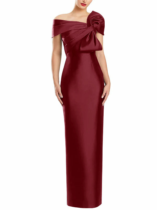 One-Shoulder Floor-Length Mother of the Bride Gown with Bow in Sheath/Column Style-BMbridal