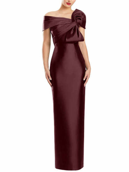 One-Shoulder Floor-Length Mother of the Bride Gown with Bow in Sheath/Column Style-BMbridal