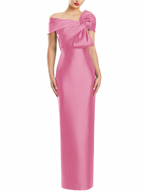 One-Shoulder Floor-Length Mother of the Bride Gown with Bow in Sheath/Column Style-BMbridal