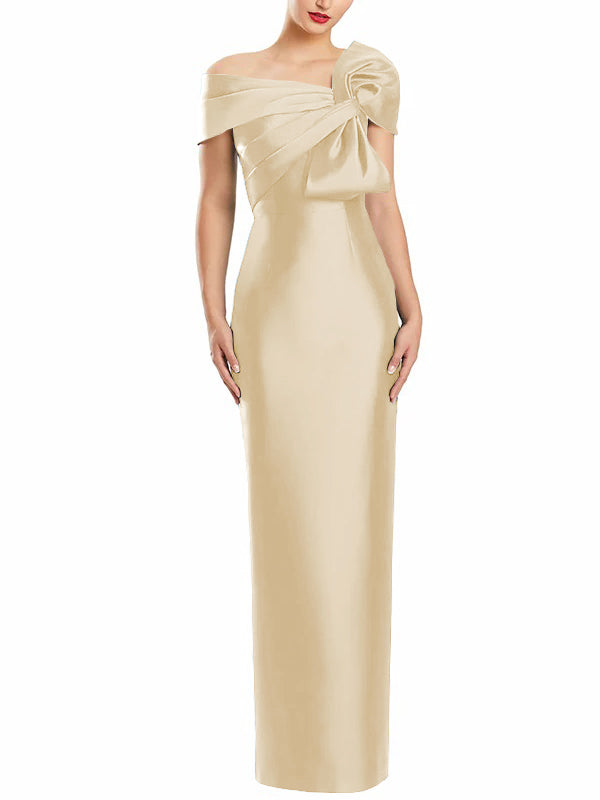 One-Shoulder Floor-Length Mother of the Bride Gown with Bow in Sheath/Column Style-BMbridal