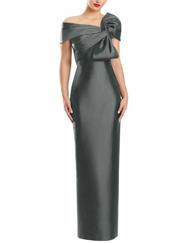One-Shoulder Floor-Length Mother of the Bride Gown with Bow in Sheath/Column Style-BMbridal