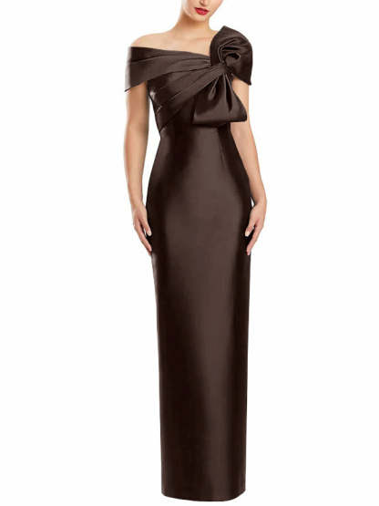 One-Shoulder Floor-Length Mother of the Bride Gown with Bow in Sheath/Column Style-BMbridal