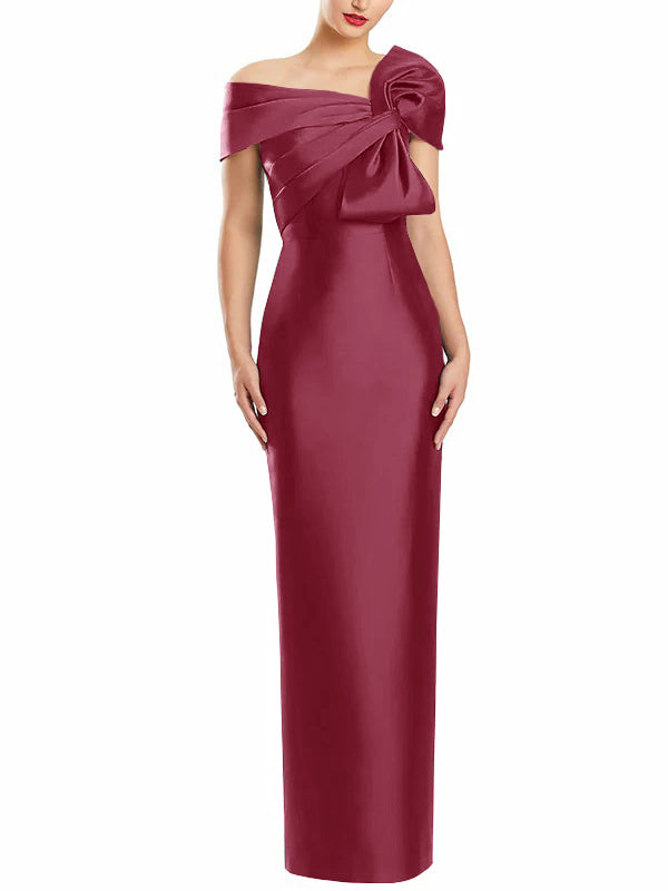 One-Shoulder Floor-Length Mother of the Bride Gown with Bow in Sheath/Column Style-BMbridal