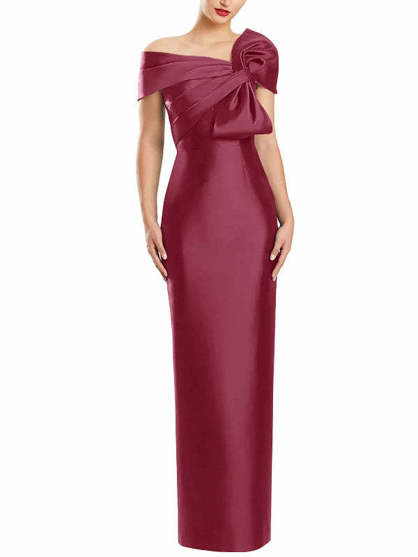 One-Shoulder Floor-Length Mother of the Bride Gown with Bow in Sheath/Column Style-BMbridal