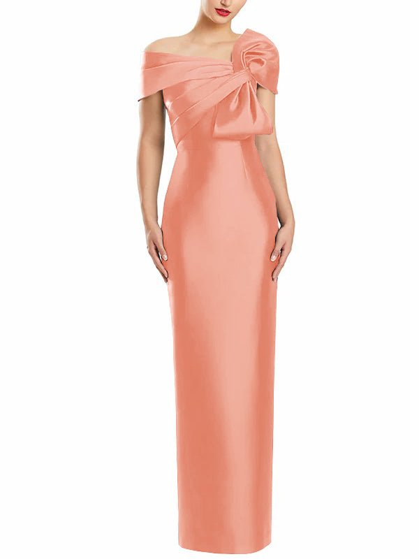 One-Shoulder Floor-Length Mother of the Bride Gown with Bow in Sheath/Column Style-BMbridal