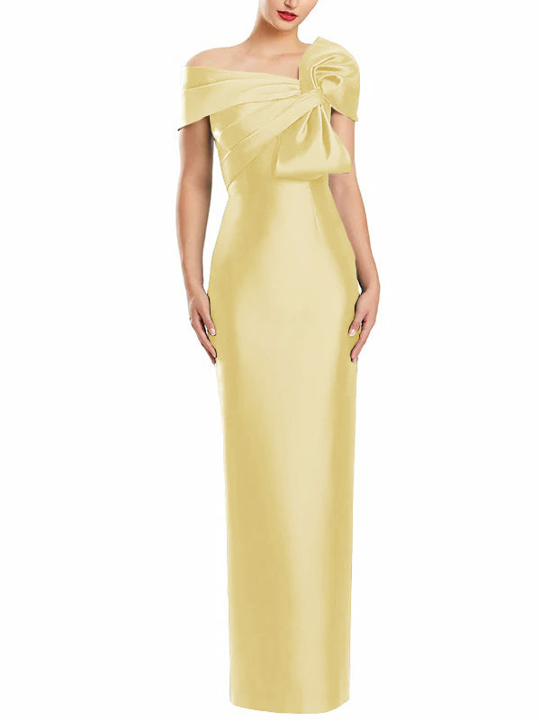 One-Shoulder Floor-Length Mother of the Bride Gown with Bow in Sheath/Column Style-BMbridal