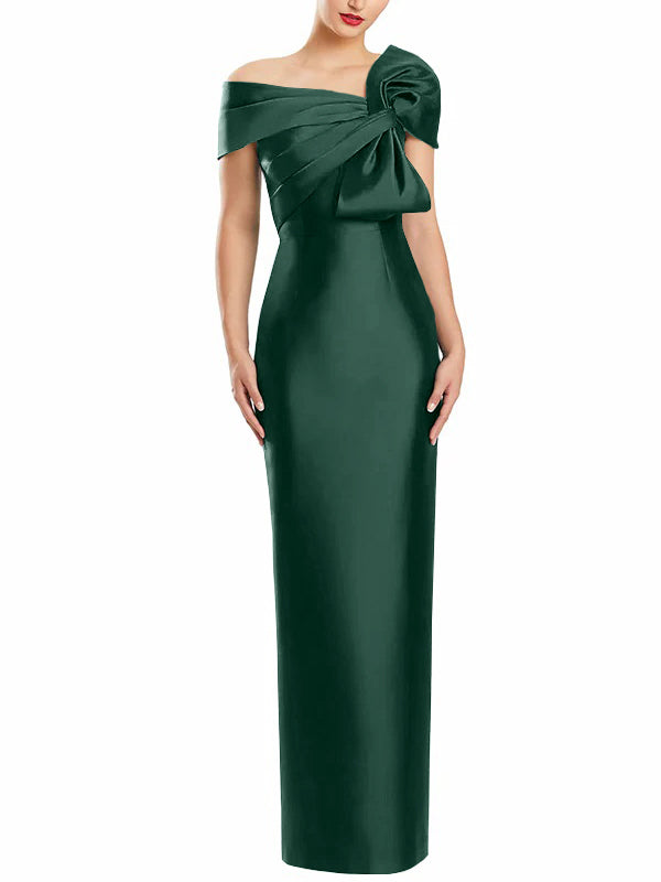 One-Shoulder Floor-Length Mother of the Bride Gown with Bow in Sheath/Column Style-BMbridal