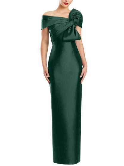 One-Shoulder Floor-Length Mother of the Bride Gown with Bow in Sheath/Column Style-BMbridal