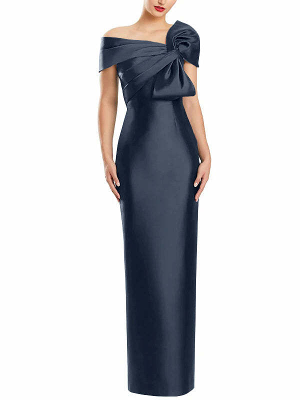 One-Shoulder Floor-Length Mother of the Bride Gown with Bow in Sheath/Column Style-BMbridal