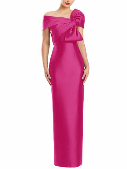 One-Shoulder Floor-Length Mother of the Bride Gown with Bow in Sheath/Column Style-BMbridal