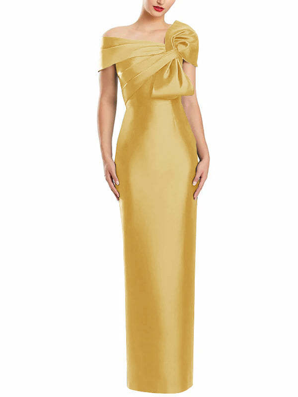 One-Shoulder Floor-Length Mother of the Bride Gown with Bow in Sheath/Column Style-BMbridal