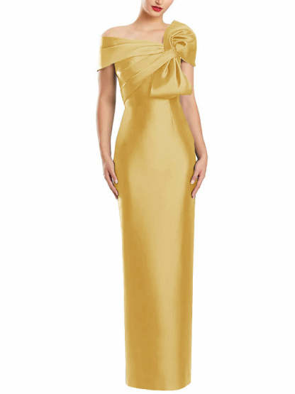 One-Shoulder Floor-Length Mother of the Bride Gown with Bow in Sheath/Column Style-BMbridal
