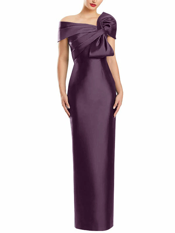 One-Shoulder Floor-Length Mother of the Bride Gown with Bow in Sheath/Column Style-BMbridal