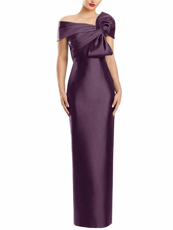 One-Shoulder Floor-Length Mother of the Bride Gown with Bow in Sheath/Column Style-BMbridal