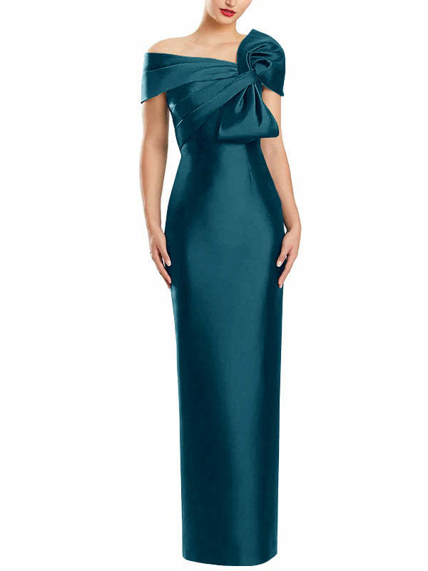 One-Shoulder Floor-Length Mother of the Bride Gown with Bow in Sheath/Column Style-BMbridal