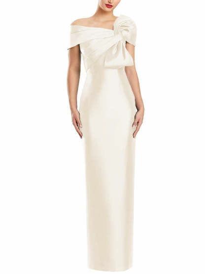 One-Shoulder Floor-Length Mother of the Bride Gown with Bow in Sheath/Column Style-BMbridal