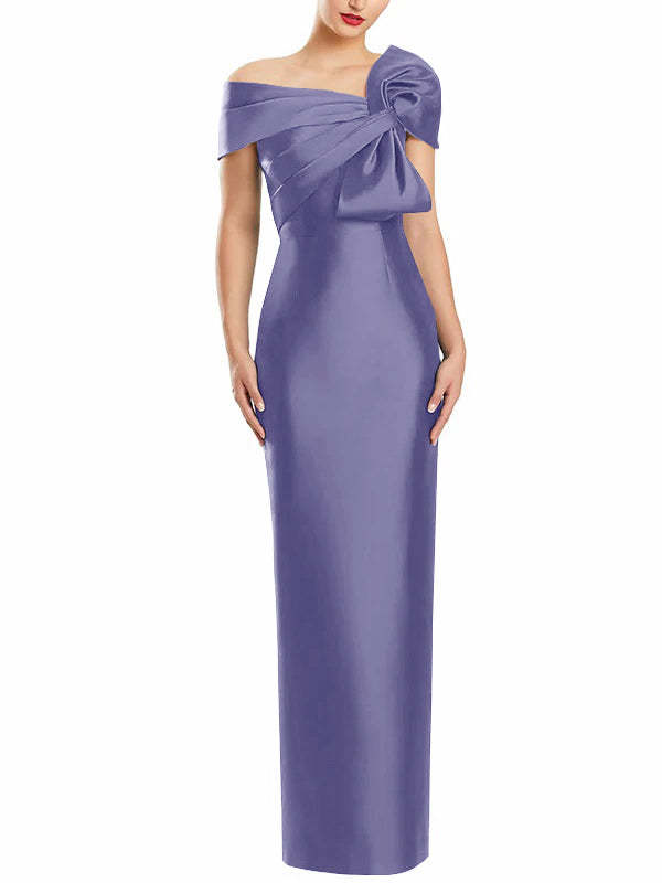 One-Shoulder Floor-Length Mother of the Bride Gown with Bow in Sheath/Column Style-BMbridal