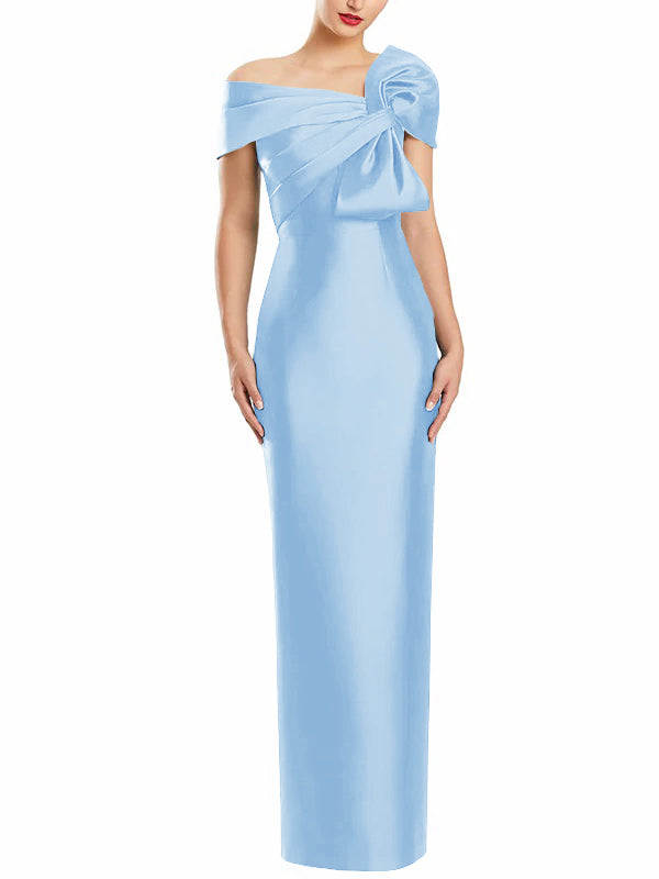 One-Shoulder Floor-Length Mother of the Bride Gown with Bow in Sheath/Column Style-BMbridal