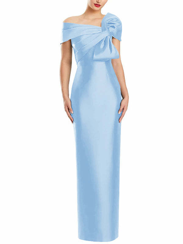 One-Shoulder Floor-Length Mother of the Bride Gown with Bow in Sheath/Column Style-BMbridal