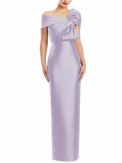 One-Shoulder Floor-Length Mother of the Bride Gown with Bow in Sheath/Column Style-BMbridal