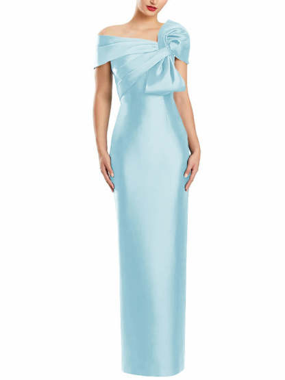 One-Shoulder Floor-Length Mother of the Bride Gown with Bow in Sheath/Column Style-BMbridal