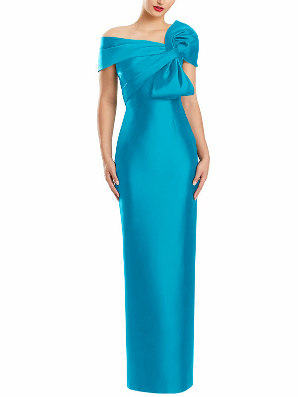 One-Shoulder Floor-Length Mother of the Bride Gown with Bow in Sheath/Column Style-BMbridal
