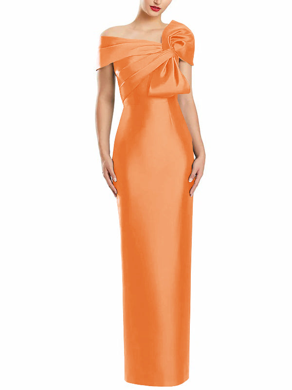 One-Shoulder Floor-Length Mother of the Bride Gown with Bow in Sheath/Column Style-BMbridal
