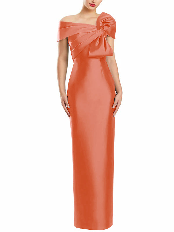 One-Shoulder Floor-Length Mother of the Bride Gown with Bow in Sheath/Column Style-BMbridal