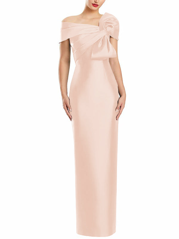 One-Shoulder Floor-Length Mother of the Bride Gown with Bow in Sheath/Column Style-BMbridal