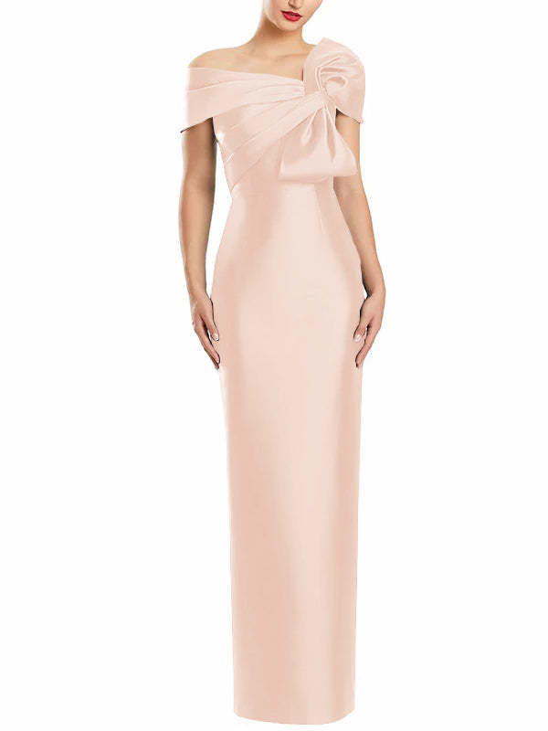 One-Shoulder Floor-Length Mother of the Bride Gown with Bow in Sheath/Column Style-BMbridal