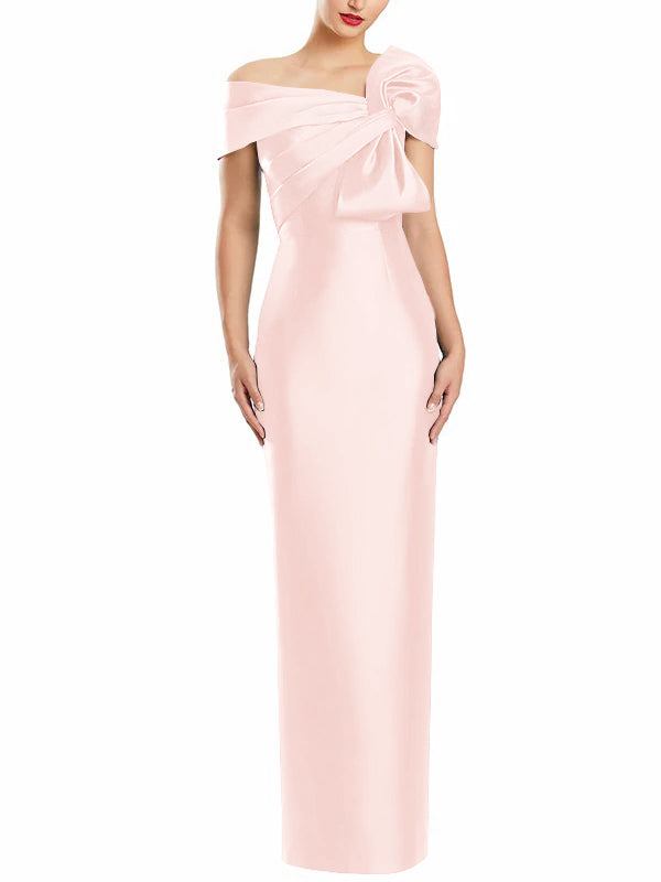 One-Shoulder Floor-Length Mother of the Bride Gown with Bow in Sheath/Column Style-BMbridal