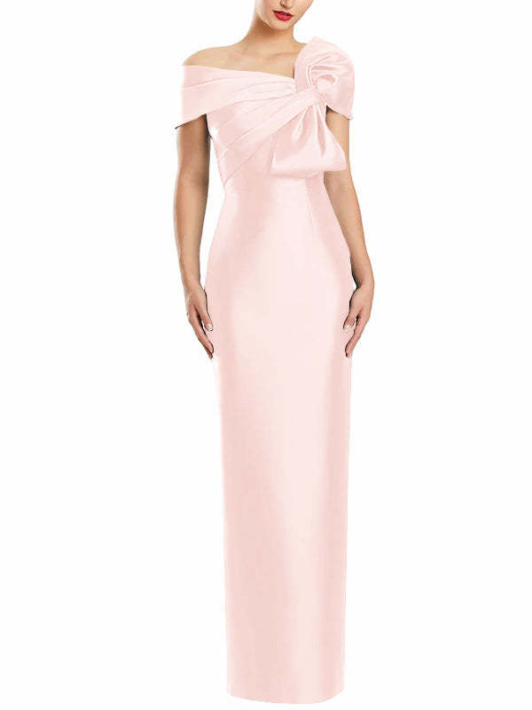 One-Shoulder Floor-Length Mother of the Bride Gown with Bow in Sheath/Column Style-BMbridal