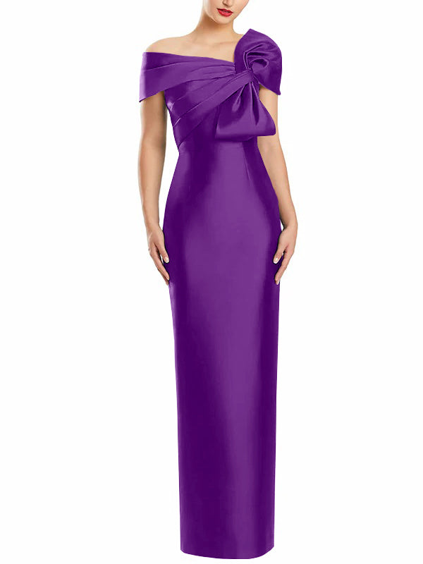 One-Shoulder Floor-Length Mother of the Bride Gown with Bow in Sheath/Column Style-BMbridal